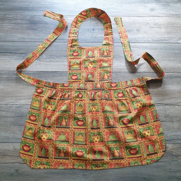 Vintage Handmade Country Kitchen Print Apron Adjustable Ties Teapot 9" Opening - Picture 1 of 9